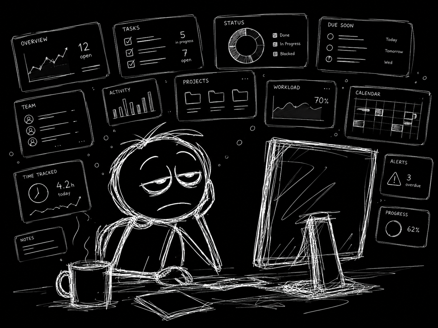 A tired worker slumped at a desk, coffee in hand, surrounded by glowing dashboard panels