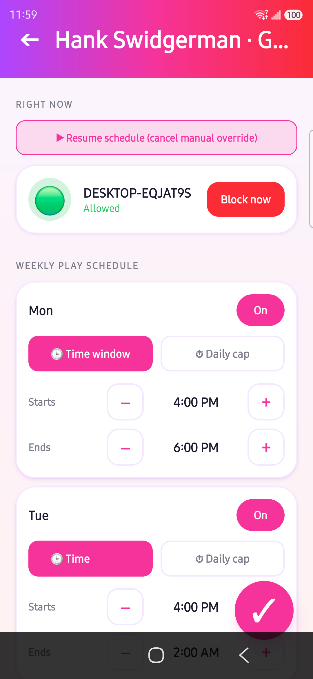 Weekly play schedule
